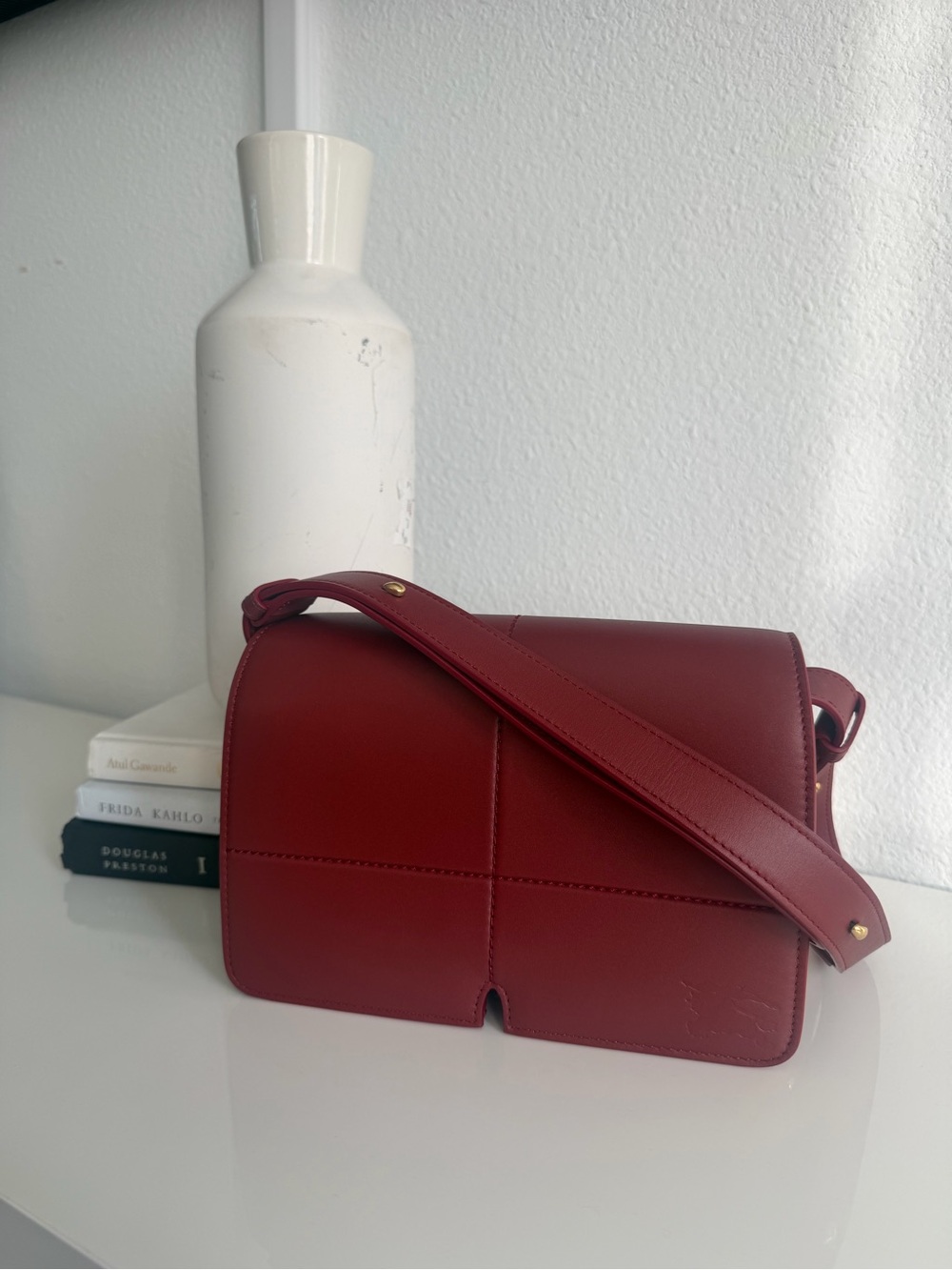 Burberry Snip Shoulder Bag Ruby Red Leather Green Interior Gold Hardware NWT